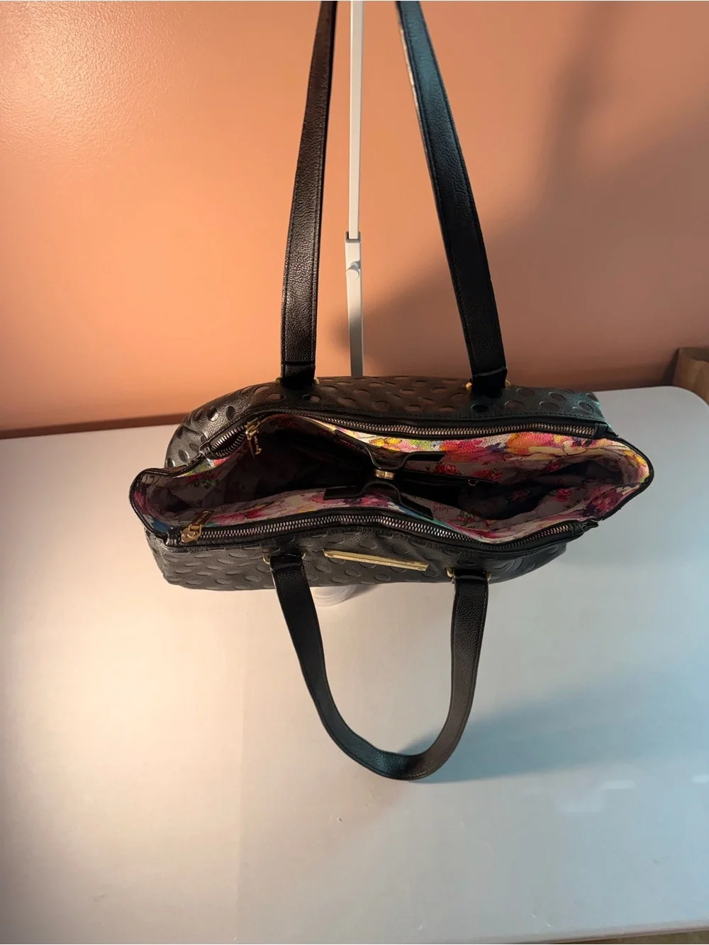 Betsey Johnson Black Embossed Polka Dot Tote Bag Large Shoulder Purse